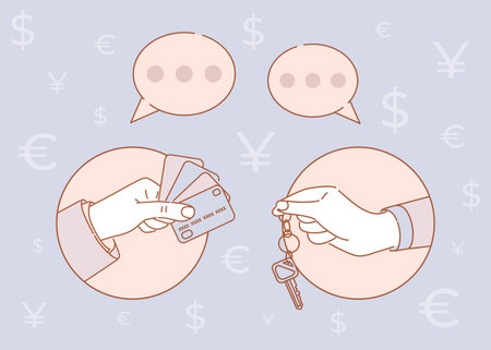 Mortgage loan, rent car, house or apartment vector cartoon illustration. Handsholding keys and credit cards.のイラスト素材