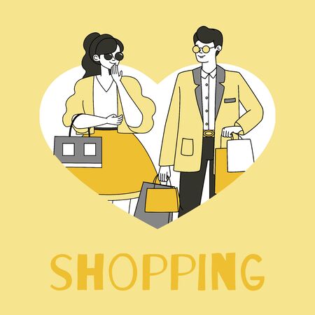 Shopping flyer design template with text space. Man and woman in heart-shaped frame wearing fashionable clothes and carrying shopping packages vector outline cartoon illustration.のイラスト素材