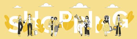 Shopping word banner template. People in fashionable clothes carrying handbags and shopping packages vector outline cartoon illustration. Sale at store, special offer poster design concept.のイラスト素材