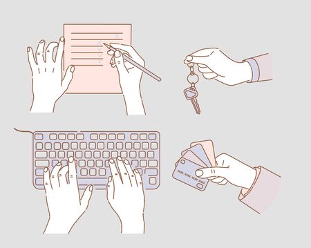 Hands holding business objects and doing work. Hands typing on keyboard, making checklist, holding keys and credit cards vector cartoon illustration. Work, rent a car or mortgage outline concept.のイラスト素材