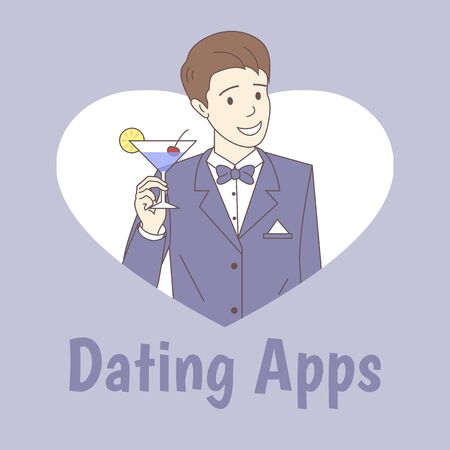 Dating apps poster template. Man holding glass of cocktail vector cartoon outline illustration.のイラスト素材