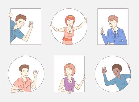 Group of people showing thumbs up, ok sign, waving hello. Friends, company staff, colleagues, business people characters.のイラスト素材