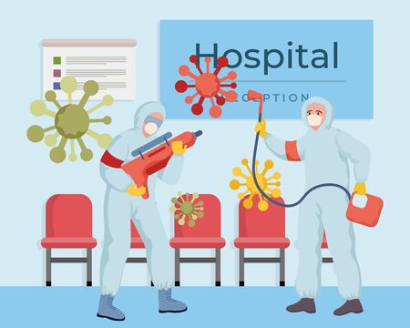 Medical workers disinfecting hospital during global pandemic of Coronavirus Covid-19 vector flat illustration.のイラスト素材