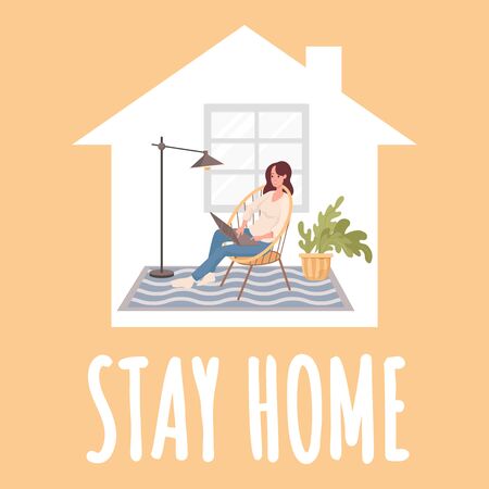 Stay home poster design. Young happy woman sitting in comfortable chair and work distance on laptop.のイラスト素材