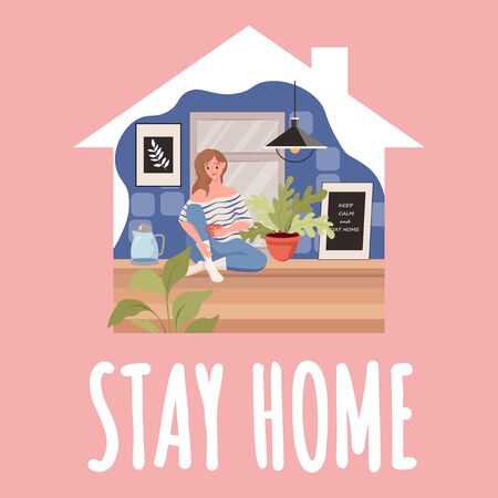 Stay home card template. Woman sitting on the kitchen and drinking tea during global outbreak of Coronavirus.のイラスト素材