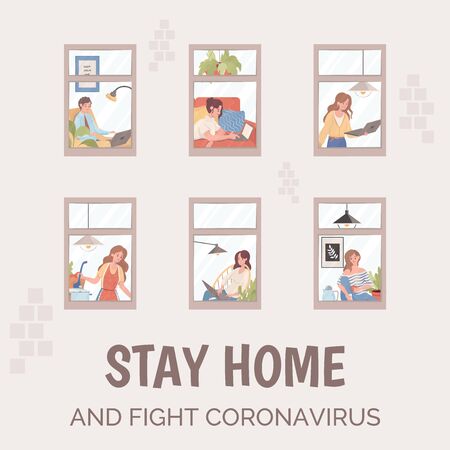 Stay home and fight Coronavirus poster template. People working, cooking during global pandemic of Coronavirus.のイラスト素材