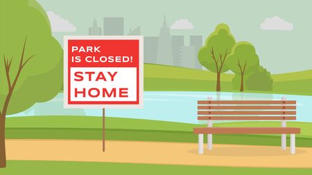 City park and placard. Urban park with lake during global pandemic of Coronavirus COVID-19 vector flat illustration.のイラスト素材