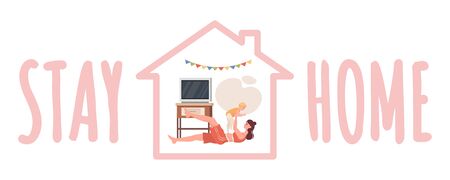 Stay home banner design. Mother with child doing sport at living room vector flat cartoon illustration.のイラスト素材
