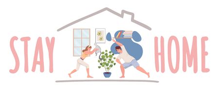 Stay home poster template. Practicing fitness and yoga in quarantine during coronavirus outbreak banner design.のイラスト素材
