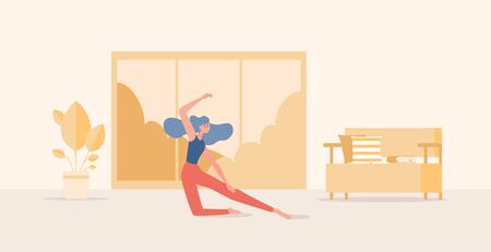 Woman stretching and doing sport exercises at home vector flat cartoon illustration.のイラスト素材