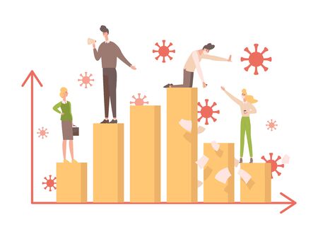 Bar graph during Coronavirus with business people on it vector flat illustration. Covid-19 affects whole world, indicators of sick, businessmen during the economic crisis due to covid-19 outbreak.のイラスト素材