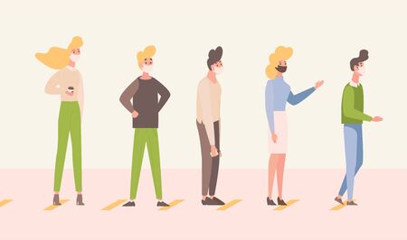 People stand in line and keep social distance vector flat illustration. Men and women in medical masks keep safe distance to protect Coronavirus. Maintain social distancing to prevent virus spread.のイラスト素材