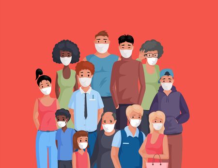Multiracial and multicultural group of people standing together and wearing face masks flat cartoon illustration.のイラスト素材