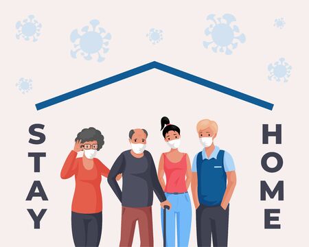Stay home vector flat cartoon concept. People in face masks standing together. Old and young men and women together.のイラスト素材