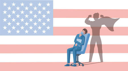 Doctor in uniform with superhero shadow rest after work vector flat cartoon illustration on USA flag background.のイラスト素材
