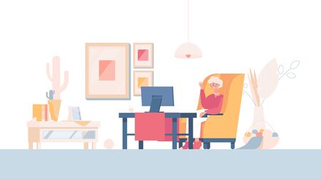 Happy old woman sits in armchair, talk via video conference, or watch TV vector flat cartoon illustration. Smiling woman in the living room. Grandmother relaxing at home, lifestyle concept.のイラスト素材