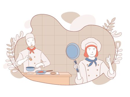 Chefs cooking on restaurant kitchen vector cartoon illustration. Professional restaurant staff outline characters.のイラスト素材