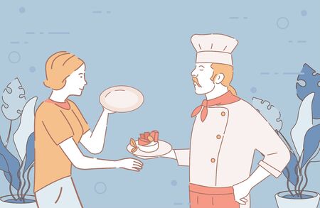 Restaurant chef gives finished dish to waitress vector cartoon illustration. Restaurant staff outline characters.のイラスト素材