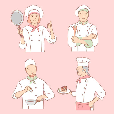 Chefs with culinary tools vector cartoon illustration. Woman and men in uniform, restaurant staff outline characters.のイラスト素材
