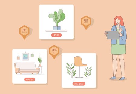 Online shopping vector cartoon outline illustration. Woman choosing furniture and decoration on internet sale.のイラスト素材