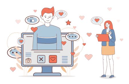 Dating mobile app or website landing page template. Woman watching man profile vector cartoon illustration.のイラスト素材