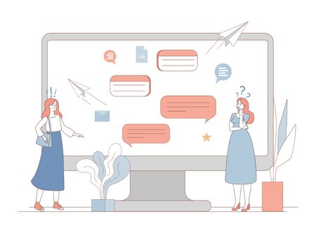 Women exchanging messages with communication speech bubbles. Social network or messenger concept.のイラスト素材