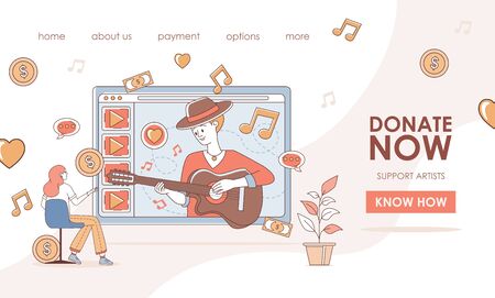 Donate and support artists during global economic crisis landing page template. Man playing guitar and sing.のイラスト素材