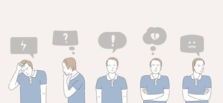 Set of different male emotions with speech bubbles. Young unhappy man feeling negative emotions.のイラスト素材