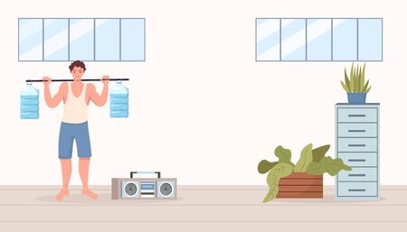Athlete in sports clothes doing morning workout at home or at fitness studio vector flat cartoon illustration.のイラスト素材