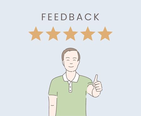 Man showing thumb up vector cartoon outline illustration. Feedback or rating with five golden stars banner design.のイラスト素材