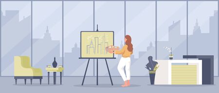 Artist draw skyline of town vector flat cartoon illustration. Girl stays at home or workshop studio and paint.のイラスト素材