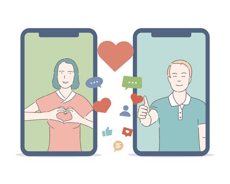 Dating application vector cartoon outline concept. Young happy man and woman falling in love.のイラスト素材