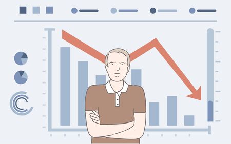 Man and falling bar graph vector cartoon illustration. Dissatisfied businessman, financial collapse, economic crisis.のイラスト素材