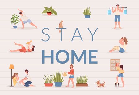 Stay home poster design. People doing sport exercises, cleaning flat and watering house plants.のイラスト素材