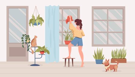 Woman cleans up balcony or room vector flat cartoon illustration. Modern interior, house plants, dog and cat.のイラスト素材
