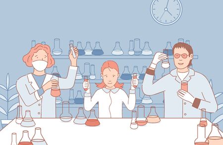 People in the laboratory making chemical or medicine analysis vector cartoon outline illustration.のイラスト素材