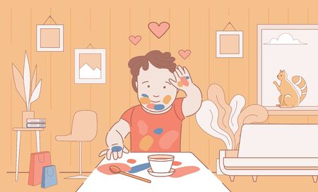 Stained with paint boy drawing and leaving handprints on paper vector cartoon outline illustration.のイラスト素材