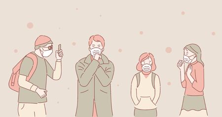 Unhappy people in protective face masks because of air pollution vector cartoon outline illustration.のイラスト素材