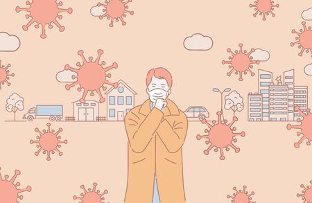 Air pollution vector cartoon outline illustration. Self isolation and social distancing during coronavirus outbreak.のイラスト素材