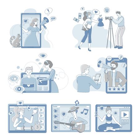 Video bloggers and vloggers people making content for internet vector cartoon outline illustration.のイラスト素材