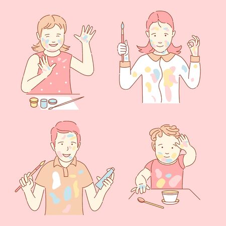 Stained with paint children vector cartoon outline illustration. Boys and girls holding paintbrushes and paints.のイラスト素材