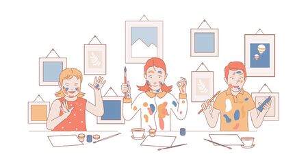 Children draw pictures on paper. Boy and girls holding paintbrushes and paints vector cartoon outline illustration.のイラスト素材