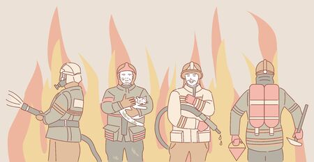 Firefighters vector cartoon outline illustration. Firemen extinguish fire with fire hose and rescue equipment.のイラスト素材