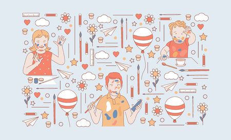 Stained with paint children holding paintbrushes and paints vector cartoon outline illustration.のイラスト素材