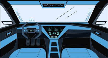 Futuristic design inside car vector cartoon outline illustration. Future Interior of automobile background.のイラスト素材