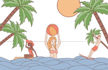 People at summer vacation vector cartoon outline illustration. Summer water sport and activity.のイラスト素材