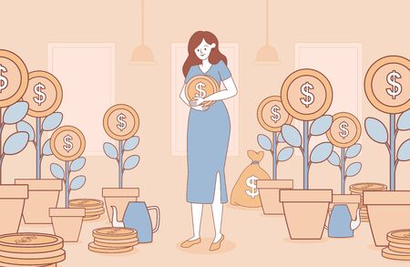 Woman holding gold coin vector cartoon outline illustration. Business concept for investment.のイラスト素材