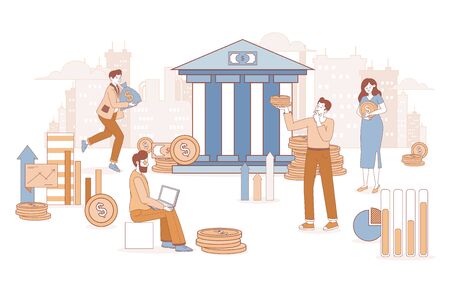 Bank building and people with golden coins cartoon outline illustration. Investing, financial services vector concept.のイラスト素材