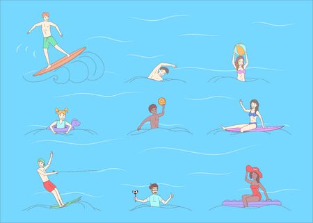 Happy people in swimwear doing water activity vector cartoon outline illustration. Summer vacation concept.のイラスト素材