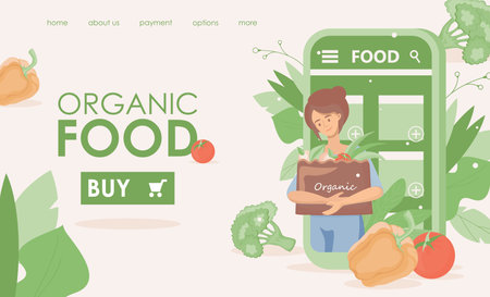 Organic food shop landing page vector flat template. Woman holding eco bag with organic vegetables.のイラスト素材
